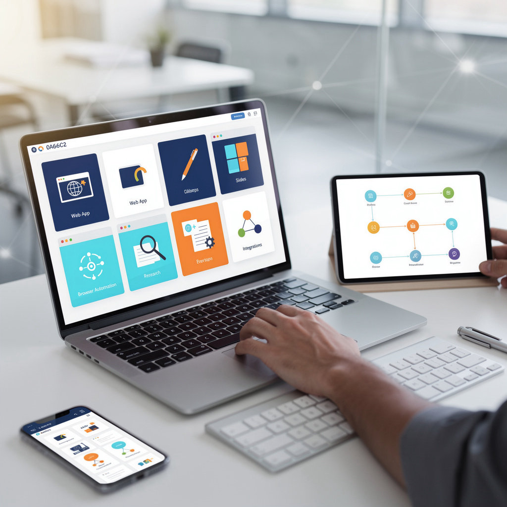 Manus AI complete toolkit featuring web app, AI design, slides, browser operator, research, and integrations for autonomous task automation